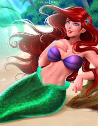 1girls 5_fingers ariel beach blue_eyes breasts curvy darkra disney female female_only green_tail jpeg light-skinned_female light_skin looking_at_viewer mermaid monster_girl mostly_nude red_hair red_lipstick red_nails seashell_bra sitting smile solo supernatural the_little_mermaid white_skin