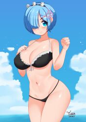 1girls 2022 adorable bikini black_bikini blue_eyes blue_hair breasts cute female female_only hair_over_one_eye hips large_breasts light-skinned_female light_skin outdoors re:zero_kara_hajimeru_isekai_seikatsu rem_(re:zero) short_hair slim_waist smile thighs tiger1001