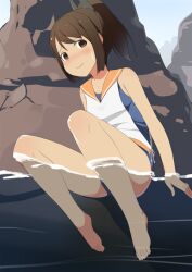 girl i-401_(kantai_collection) kantai_collection nanameminami nervous_smile nervous_sweat peeing swimsuit swimwear watersports