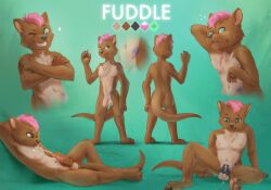 absurd_res anthro bodily_fluids brown_body brown_fur cum cum_on_self ejaculation fur genital_fluids green_background green_eyes hair hi_res male model_sheet pink_hair simple_background stamper_pandragon