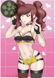 arukas atlus big_breasts brown_hair egirl fingerless_gloves kujikawa_rise medium_breasts persona persona_4 persona_4_the_golden pigtails short_shorts thong thong_above_shorts thong_straps twintails yellow_bra