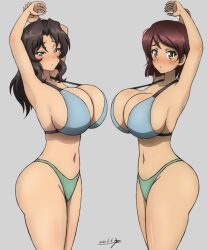 2girls armpits arms_up artist_request bikini blush breasts el_(girls_und_panzer) female female_only girls_und_panzer huge_breasts large_breasts multiple_girls presenting_armpits swimsuit tristana_(girls_und_panzer)