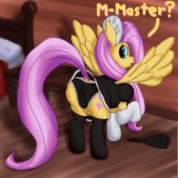 1:1 anatomically_correct ass callichrome cleaning clothing crotchboobs cutie_mark embarrassed equid equine female feral fluttershy_(mlp) footwear friendship_is_magic hasbro hi_res horse legwear looking_at_viewer looking_back maid_uniform mammal my_little_pony panties pegasus pony socks solo spread_wings startled stockings underwear uniform wings