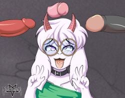 ahe_gao anthro baggy_clothing big_penis bovid caprine clothed clothing collar deltarune disembodied_penis domestic_goat eyewear floppy_ears fur genitals gesture glasses goat group hi_res horn looking_pleasured male male_anthro mammal penis ralsei round_glasses simple_background tongue tongue_out undertale_(series) v_sign video_games white_body white_fur zelripheth