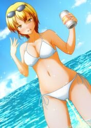 beach bikini blonde_hair casual_wetting female happy_face holding_drink holding_object in_water intentional_pants_wetting peeing peeing_self piss_soaked pullpull15 shades sunglasses sunglasses_on_head swimsuit water watersports wetting_self