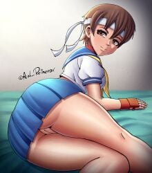 anus ass big_ass brown_eyes brown_hair gloves looking_at_viewer no_panties pinup presenting_pussy pussy reinerox sakura_kasugano school_uniform street_fighter