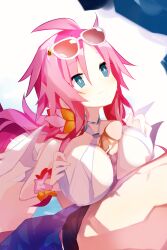 1boy alternate_breast_size artina bikini blue_eyes blush breasts disgaea disgaea_4 eyewear_on_head female hair_intakes highres large_breasts long_hair looking_at_viewer nanozenzen navel nippon_ichi_software paizuri pink_hair sidelocks smile sunglasses swimsuit