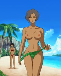 2girls air_nomad airbender alternate_version_available areolae avatar_the_last_airbender beach big_breasts black_hair blue_sky bob_cut breasts clenched_fists clenched_hands cloud clouds commission commission_art commissioner_upload dark-skinned_female dark_skin daughter earth_kingdom feet female female_only green_bikini green_eyes grey_hair half_naked hourglass_figure jealous looking_at_viewer medium_breasts metalbender milf mother mother_and_daughter multiple_girls nickelodeon nipples nude older_female olive_skin opal_bei_fong outdoors palm_tree pinup pinup_pose posing red_bikini salvamakoto sand seductive_look seductive_smile smooth_skin stripping suyin_bei_fong sweatdrop sweaty sweaty_body sweaty_breasts swimsuit the_legend_of_korra topless water