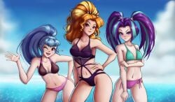 3girls adagio_dazzle aria_blaze bikini black_swimsuit blue_hair blush breasts clouds equestria_girls female_only friendship_is_magic hasbro human long_hair looking_at_viewer multicolored_hair multiple_girls my_little_pony orange_hair ponytail purple_hair sea shy sonata_dusk swimwear the-park the_dazzlings tied_hair twintails wink