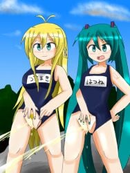 clothes_pull hatsune_miku one-piece_swimsuit peeing peeing_together school_swimsuit swimsuit swimwear toro_r18 tsurumaki_maki tugging vocaloid watersports