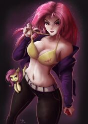 abs apple big_breasts bra breasts clothing equestria_girls flutterbat_(mlp) fluttershy_(mlp) friendship_is_magic holding_bikini_top human my_little_pony oerba_yun_fang pink_hair pony straight_hair the-park tight_clothing yellow_bra