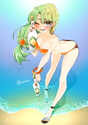 beach bending bikini feena feena_(grandia) grandia holding_drink holding_object jardin smiling swimsuit swimwear