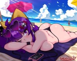 1girls ass beach bikini bikini_top_undone female oc one_eye_closed original outside purple_hair sarukaiwolf sunbathing tagme topless violentine_(sarukaiwolf)