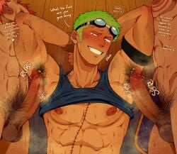 alterinku armpit_fetish armpit_hair armpits dialogue english_text erect_nipples erect_penis erection green_hair male male_only musk_clouds musky_armpit musky_cock one_piece pubic_hair roronoa_zoro scar smegma smell smelly sweaty_body yaoi