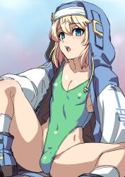 1boy androgynous blonde_hair blue_eyes blush bridget bulge eye_contact guilty_gear guilty_gear_strive hai-haigure hai_(h81908190) leotard looking_at_viewer male male_only penis_bulge solo solo_male spread_legs thick_thighs thighs