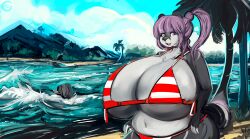 anthro beach big_breasts bikini breasts clothed clothing cloud detailed_background digital_media_(artwork) dirtyscoundrel female fur grey_body grey_fur hair hi_res huge_breasts hyper hyper_breasts looking_at_viewer lutrine mammal mustelid namoi navel open_mouth outside palm_tree partially_clothed plant purple_eyes purple_hair sand scenery sea seaside signature sky smile solo swimwear thick_thighs topwear tree water watermark