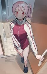 1girls answering_door ayameshoubu blush blush_lines caught caught_cumming caught_masturbating covering_crotch crocs dildo door dripping dripping_pussy embarrassed female female_focus female_only jacket jacket_only masturbating masturbation only_female pink_hair puddle pulling_clothing questionable_consent red_eyes scrunchie sex_toy sho_bu_1116 side_ponytail solo suggestive sweat sweatdrop sweating sweaty sweaty_thighs thighs walking wet wet_floor wet_pussy