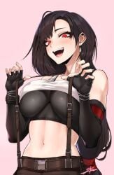 belly black_hair blush breasts clothed earrings female female_focus female_only final_fantasy final_fantasy_vii final_fantasy_vii_remake j.k. large_breasts long_hair long_sleeves looking_at_viewer red_eyes sharp_teeth simple_background suspender_pull suspenders suspenders_pull tifa_lockhart