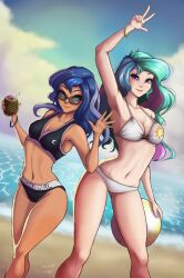 2girls abs arm_up armpits beach beverage bikini black_bikini blue_eyes breasts cleavage clouds cutie_mark detailed_background equestria_girls female female_only friendship_is_magic hasbro human light-skinned_female multicolored_hair my_little_pony princess_celestia_(mlp) princess_luna_(mlp) principal_celestia purple_eyes sea sisters small_breasts sunglasses the-park tinted_eyewear vice_principal_luna white_bikini