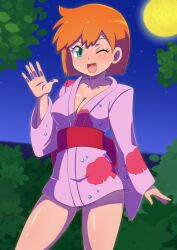 1girls blush breasts cleavage creatures_(company) female female_only game_freak green_eyes gym_leader hair_between_eyes hameneko happy huge_breasts japanese_clothes kasumi_(pokemon) kimono koikatsu large_breasts legs nintendo one_eye_closed orange_hair outdoors pokemon pokemon_(anime) pokemon_(classic_anime) pokemon_(game) pokemon_rgby red_hair robe short_hair smile solo thighs tree wink