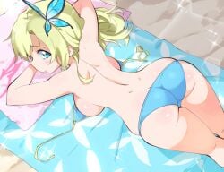 aetherion_art aqua_bikini aqua_eyes ass ass_cleavage back backboob beach beach_towel bikini bikini_top_removed blonde_female blonde_hair boku_wa_tomodachi_ga_sukunai breasts bursting_ass butt_crack butterfly_hair_ornament female from_above from_behind hair_ornament large_breasts lens_flare long_hair looking_back lying on_stomach sand sena_kashiwazaki skindentation solo swimsuit towel untied untied_bikini