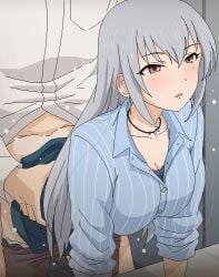 1boy aqua_skirt ass bangs blue_shirt blush breast_pocket breasts brown_eyes brown_pantyhose cleavage clothed_sex clothes_lift clothes_pull collarbone collared_shirt d: doggy_style dress_shirt female grey_hair hair_between_eyes idolmaster idolmaster_cinderella_girls indoors jewelry large_breasts long_hair long_sleeves miniskirt necklace office_lady panties panty_pull pantyhose pantyhose_pull pocket sex sex_from_behind shiny shiny_hair shirt skirt skirt_lift solo_focus standing standing_sex straight straight_hair striped striped_shirt takamine_noa tomu_(tomubobu) underwear vertical-striped_shirt vertical_stripes very_long_hair white_panties white_shirt wing_collar