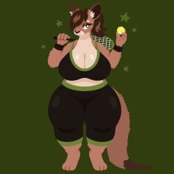 anthro big_breasts breasts brown_fur brown_hair female green_eyes hair_over_one_eye kangaroo naycelium sports_bra tagme tennis_ball thick_thighs yoga_pants