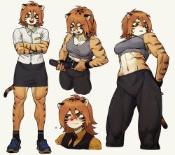 anthro belt big_breasts big_cat blush breasts brown_hair brunette feline female female_only fully_clothed fur green_eyes muscular muscular_female shirt shoes shuruederr skirt socks solo solo_female solo_focus striped_fur tagme tail tank_top tie tiger white_shirt