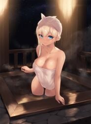 bangs bathing blonde_hair blue_eyes boku_wa_tomodachi_ga_sukunai breasts cait_aron cleavage closed_mouth collarbone commentary_request female fence highres large_breasts long_hair looking_at_viewer naked_towel night nude outdoors sena_kashiwazaki smile solo standing star_(sky) steam towel towel_on_head wading water wooden_fence