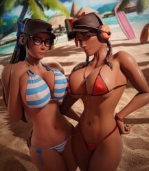 2girls absurd_res ass axistryker barefoot beach big_breasts bikini breasts busty child_bearing_hips curvaceous curvy detailed_background dog_tags erect_nipples female female_focus female_only femscout glasses hat headgear highres hourglass_figure huge_ass huge_breasts inviting light-skinned_female light_skin looking_at_viewer multiple_girls nipple_bulge nipples nipples_visible_through_clothing pale-skinned_female rule_63 seductive seductive_smile smile smiling_at_viewer suggestive surfboard team_fortress_2 thick thick_ass thick_thighs voluptuous wide_hips