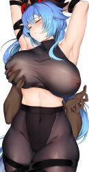 1boy 1girls armpit armpits arms_up armwear belly belly_button belly_button_visible_through_clothing big_breasts blue_hair blush blushing breast_grab breasts busty child_bearing_hips curvaceous curves curvy curvy_female curvy_figure curvy_hips dark-skinned_male dark_hands female fondle fondling fondling_breast fully_clothed ganyu_(genshin_impact) genshin_impact goat_horns grope groping groping_from_behind hips horns huge_breasts keinv large_breasts light_blue_hair maskwolf nipples nipples_visible_through_clothing red_horns see-through see-through_clothing tagme thick thick_thighs tight_clothing tummy wide_hips