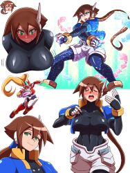 1girls aile bodysuit breasts brown_hair female green_eyes large_breasts long_hair mega_man mega_man_zx mega_man_zx_advent model_zx noburockman ponytail solo