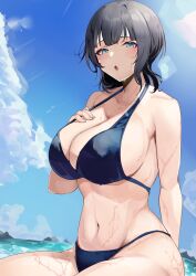 :o absurdres asaka_karin bangs beach bikini black_hair blue_bikini blue_eyes blunt_bangs blush breasts cleavage cloud collarbone female hair_bun hand_up highres large_breasts looking_at_viewer love_live! love_live!_nijigasaki_high_school_idol_club mole navel open_mouth parted_lips side-tie_bikini sidelocks sitting sky solo stomach swimsuit thighs wet yamasonson