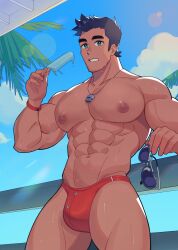 1boy abs bara bara_tiddies bara_tits bara_titties barazoku biceps big_muscles big_pecs black_hair blue_eyes blue_sky bracelet bulge busty dark_hair gay glasses holding_object human human_only ice_cream little_mac looking_at_viewer looking_down male male_boobs male_breasts male_focus male_nipples male_only manboobs milkiato moobs muscles muscular muscular_male muscular_thighs necklace nintendo nipples palm_tree palm_trees pecs punch_out red_bracelet red_speedo red_underwear six_pack sky smash_bros solo solo_focus solo_male speedo speedo_only sunglasses sweat sweatdrop sweating sweaty swimsuit tan tan_skin tanned_male thick_eyebrows thick_thighs underwear underwear_only veiny_muscles whistle whistle_around_neck