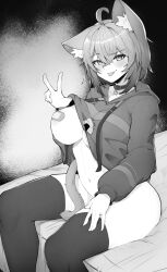 :3 ahoge animal_collar animal_ear_fluff animal_ears bandaid bandaids_on_nipples bangs black_hoodie breasts cat_ears cat_girl cat_tail collar cropped_hoodie crossed_bangs female greyscale hair_between_eyes highres hololive hololive_gamers hololive_japan hood hoodie large_breasts long_sleeves looking_at_viewer midriff monochrome nekomata_okayu pasties skindentation solo tail thighhighs tongue tongue_out varniskarnis virtual_youtuber