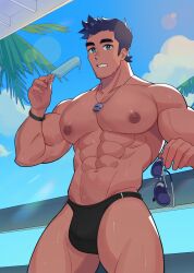 1boy abs bara bara_tiddies bara_tits bara_titties barazoku biceps big_muscles big_pecs black_bracelet black_hair black_speedo black_underwear blue_eyes blue_sky bracelet bulge busty dark_hair gay glasses holding_object human human_only ice_cream little_mac looking_at_viewer looking_down male male_boobs male_breasts male_focus male_nipples male_only manboobs milkiato moobs muscles muscular muscular_male muscular_thighs necklace nintendo nipples palm_tree palm_trees pecs punch_out six_pack sky smash_bros solo solo_focus solo_male speedo speedo_only sunglasses sweat sweatdrop sweating sweaty swimsuit tan tan_skin tanned_male thick_eyebrows thick_thighs underwear underwear_only veiny_muscles whistle whistle_around_neck