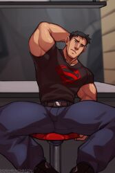 1boy black_hair blue_eyes conner_kent daydreamerjim dc dc_comics fully_clothed hand_behind_head male male_focus male_only muscular muscular_male superboy