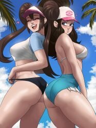 2girls ass ass_focus baseball_cap big_ass bikini_bottom bikini_top blue_hat booty_shorts breasts brown_hair clothing dat_ass denim_shorts echosaber erect_nipples erect_nipples_under_clothes female female_focus female_only headwear hilda_(pokemon) huge_ass human looking_at_viewer medium_breasts pale_skin pokemon pokemon_bw rosa_(pokemon) shirt short_shorts shorts slim_waist smile smiling_at_viewer thick_ass thick_thighs thighs wide_hips