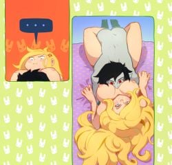 1boy 1girls 2016 adventure_time annoyed areolae back_view bdsomik bedroom blushing breasts cartoon_network cleavage comic_strip crawling face_on_breast fionna_the_human_girl laying_on_bed laying_on_person marshall_lee messy messy_hair mischievous nipples nude nude_female nude_male thighs underboob