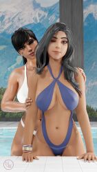 2girls 3d ana_amari big_breasts bikini brown_hair criss-cross_halter female_only halter_bikini halterneck hornywitches3d looking_at_viewer mother_and_daughter one-piece_swimsuit overwatch partially_submerged pharah swimming_pool swimsuit tan_skin wet wink