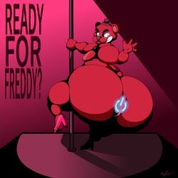 animatronic anthro ass big_butt bow_tie brown_body buttplug clothing dancing five_nights_at_freddy's footwear freddy_(fnaf) g-string gesture glowing glowing_buttplug glowing_eyes high_heels huge_butt hyper hyper_butt kylefrommicrosoft machine male male_focus male_only mammal overweight overweight_male pink_clothing plug_(sex_toy) pole pole_dancing robot scottgames sex_toy small_tail smile smiling_at_viewer solo stripper_pole underwear ursid vibrator video_games waving