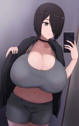 areolae_visible_through_clothing brown_hair cleavage curvy female gigantic_breasts hair_over_one_eye huge_breasts looking_at_viewer nao_(ritsancrossover) necklace original original_character pai-chan_(nao) sad selfie short_hair taking_picture thick_thighs topwear