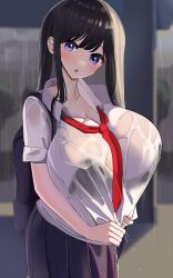 1girls bag big_breasts black_hair blue_eyes blush blushing breasts busty curves curvy curvy_body curvy_female curvy_figure dark_hair ear female female_only gigantic_breasts head_tilt huge_breasts large_breasts mouth_open nicorima purple_skin rain raining red_tie school_bag school_uniform schoolgirl schoolgirl_uniform see-through see-through_clothing tagme thick tie violet_eyes wet wet_clothes wet_clothing