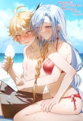 1boy 1girls aether_(genshin_impact) beach bikini blonde_hair blush braided_hair braided_ponytail breasts dega1028 earrings embarrassed genshin_impact hug hug_from_behind ice_cream large_breasts light-skinned_female light-skinned_male light_skin long_hair mature mature_female shenhe_(genshin_impact) straight sweat swimming_trunks topless topless_male white_hair wholesome