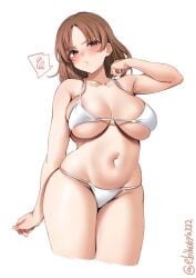 arm_at_side armpit_crease bangs bare_arms bare_shoulders bikini blush breasts brown_hair chiyoda_(kantai_collection) cleavage collarbone cropped_legs ebifurya female groin hand_up highres kantai_collection large_breasts looking_at_viewer navel one-hour_drawing_challenge parted_bangs simple_background skindentation solo speech_bubble spoken_squiggle squiggle swimsuit thighs twitter_username white_background white_bikini