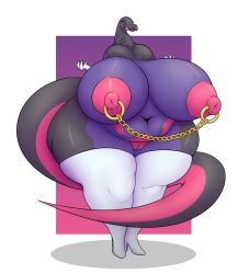 alpha_channel anthro areola belly big_breasts breast_imprints breasts carboncopy612 chains clothing curvy_figure digital_media_(artwork) duo face_imprint female genitals hi_res huge_breasts huge_thighs imprint legwear long_neck neck_bulge nintendo nipple_chain nipple_piercing nipple_ring nipples oral_vore piercing pink_areola pink_nipples pokémon_(species) pokemon pokemon_(species) pussy ring_piercing salazzle scalie slightly_chubby small_head stomach_bulge swallowing tail_around_leg thick_thighs thigh_highs tongue tongue_out video_games voluptuous vore