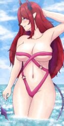 1girls anime_onegai big_breasts bikini day demon_tail dengeki_onegai female_only hoku_roboto horns latam_virtual_youtuber long_hair looking_at_viewer lowres ocean one_arm_up purple_eyes red_hair red_nails smiling_at_viewer succubus summer swimsuit virtual_youtuber voluptuous water wet wet_body