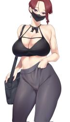 1girls bag bare_shoulders belly big_breasts blush blushing breasts busty cameltoe child_bearing_hips curves curvy curvy_body curvy_female curvy_figure earring earrings face_mask female female_only fully_clothed hand_on_bag hips huge_breasts keinv large_breasts light_blush mask masked maskwolf midriff milf pulling_clothing pulling_pants pulling_pants_up purple_eyes red_hair revealing slight_blush thick thick_thighs thighs tight_clothing tight_pants tummy violet_eyes wide_hips