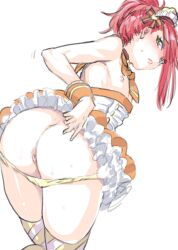 1boy 2017 anus ass balls band_yarouze! bent_over blush crossdressing dress drool drooling eyebrows_visible_through_hair eyelashes femboy frilled_dress frilled_skirt frills girly green_eyes long_hair looking_at_viewer looking_back male nipple nipple_slip panties panties_down red_hair rinoko shelly_(band_yarouze!) simple_background striped_legwear striped_stockings sweatdrop thick_thighs thighs trap white_background wrist_cuffs yellow_panties