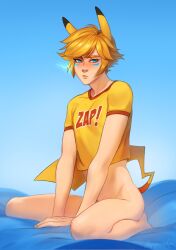 1boy animal_ears animal_tail blonde_hair blue_eyes blush bottomless cute cute_male ezreal facial_markings freckles frown league_of_legends light-skinned_male light_skin lightning_bolt looking_at_viewer male male_focus male_only oggihelga on_bed on_knees partially_clothed partially_nude pikachu_(cosplay) pikachu_ears pikachu_tail pokemon pout shirt short_hair simple_background solo solo_focus solo_male t-shirt tail text_on_clothing twink yellow_shirt young